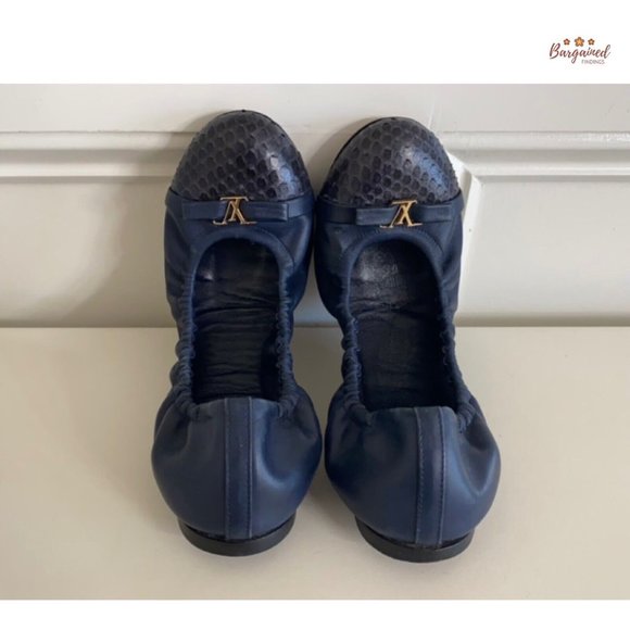 Authentic Louis Vuitton Navy Leather Reptile Toe Bow Scrunch Ballet Flats 37/7 - Picture 12 of 13